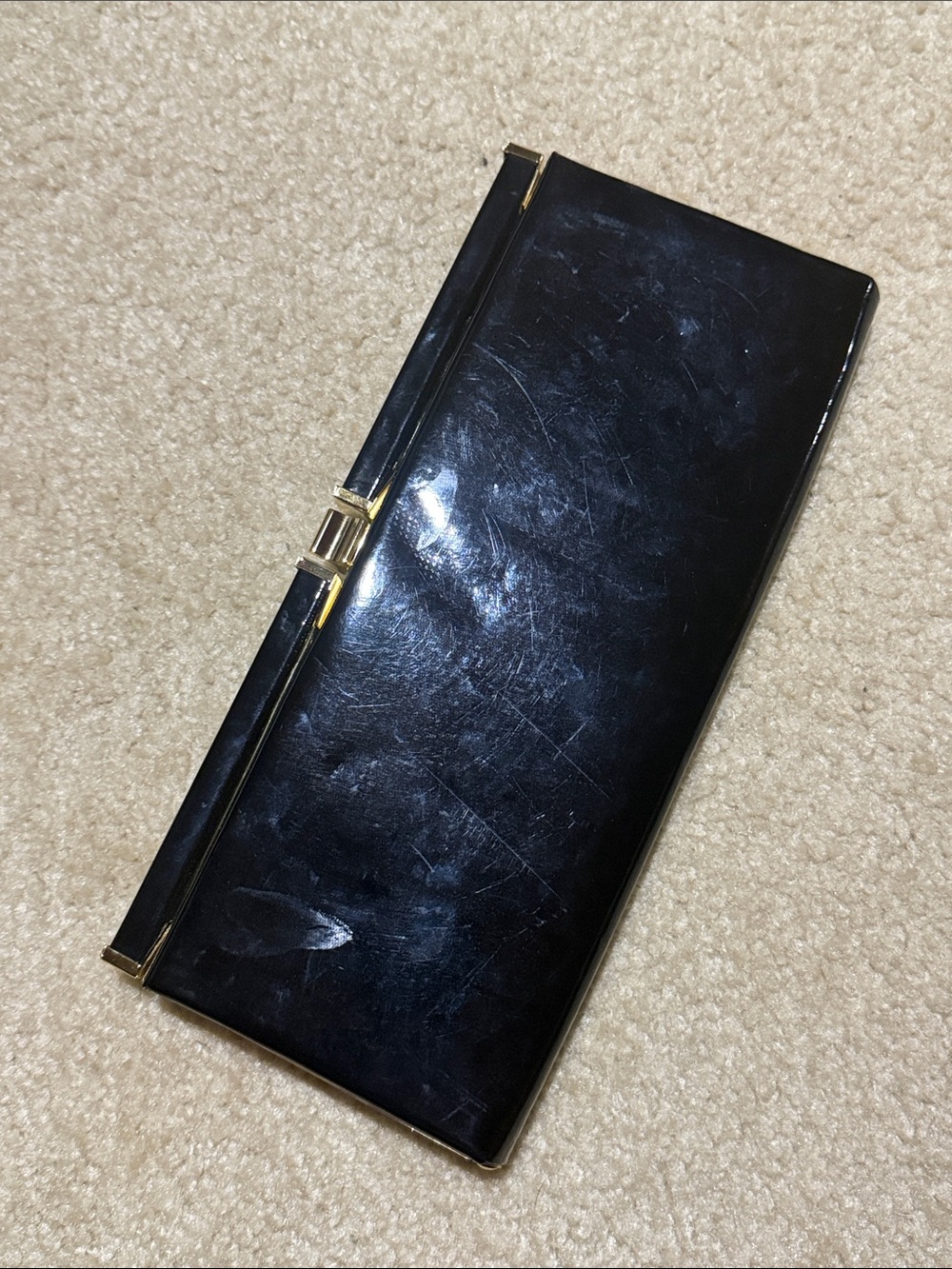 Classic Black Leather Wristlet Clutch with Gold Trim